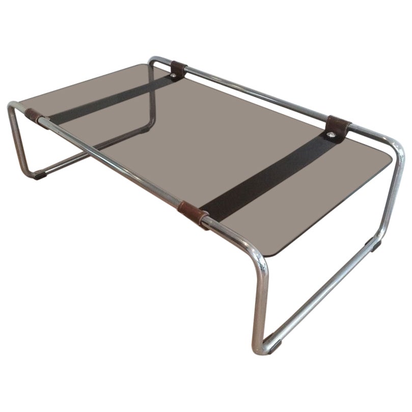 Couchtisch aus Chrom, Leder und Rauchglas