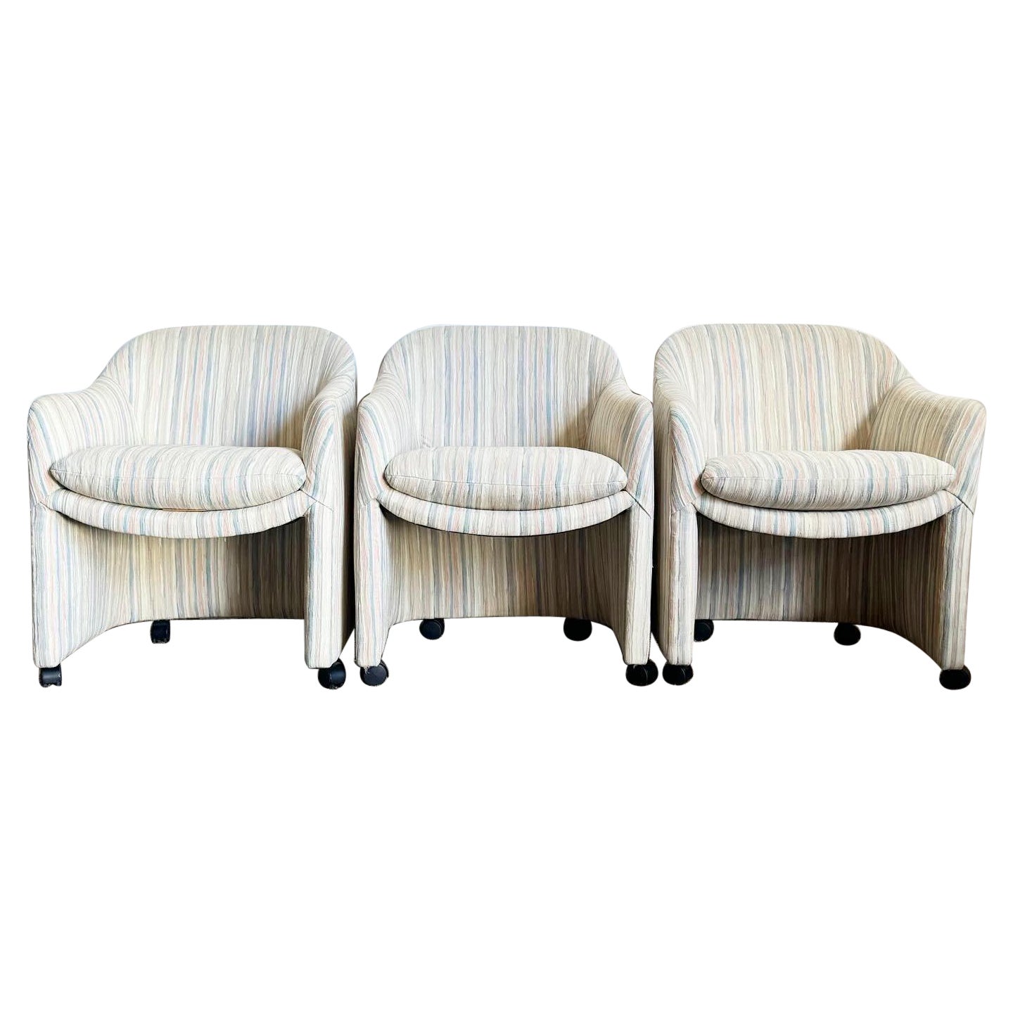 Postmoderne Thayer Coggin Barrel-Stühle auf Rollen, 3er-Set