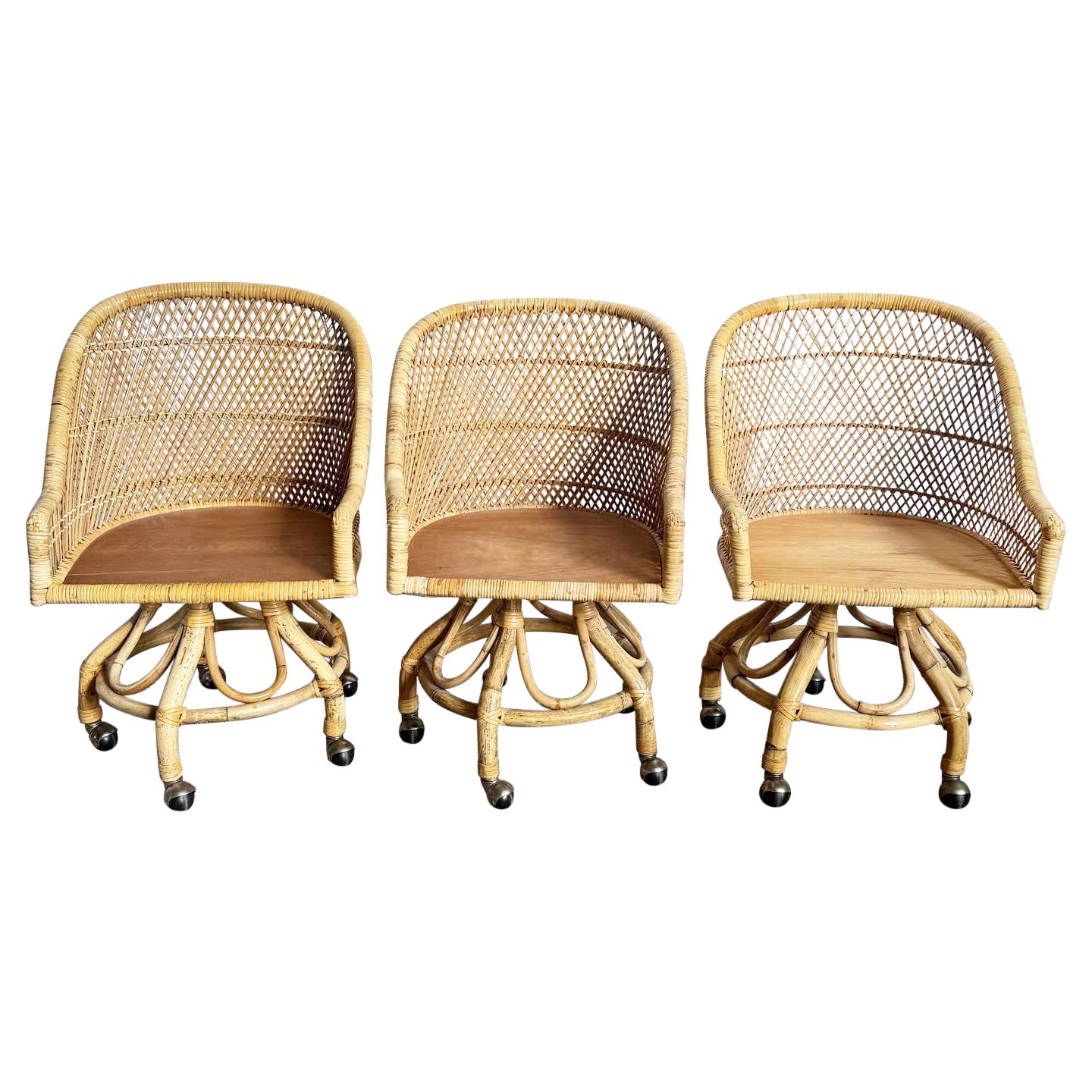 Boho Chic Buri Rattan Bamboo Swivel Barrel Dining Chairs on Casters ‚Äì Set of 3