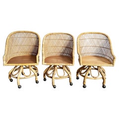 Vintage Boho Chic Buri Rattan Bamboo Swivel Barrel Dining Chairs on Casters ‚Äì Set of 3
