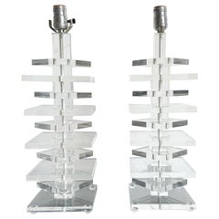 Vintage Mid Century Modern Stacked Lucite Table Lamps - a Pair