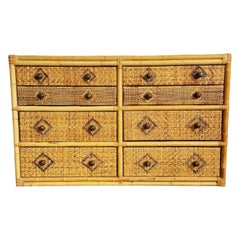 Vintage Boho Chic Bamboo Wicker Dresser With Epoxy Top - 12 Drawer