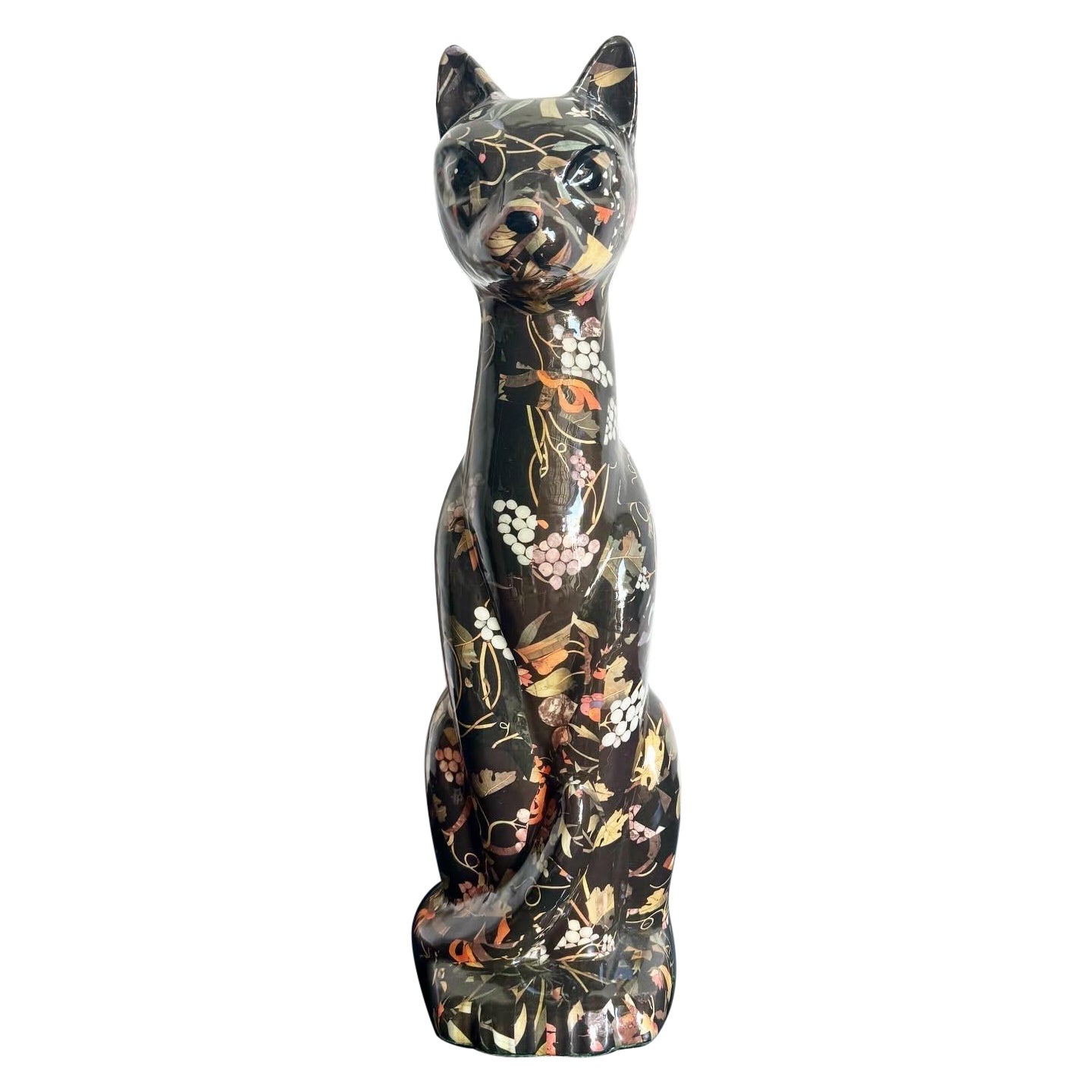 Mid Century Ceramic Cat With Foliage Patterned Finish