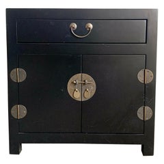 Chinoiserie Black Nightstands/Side Table With Brass Accents