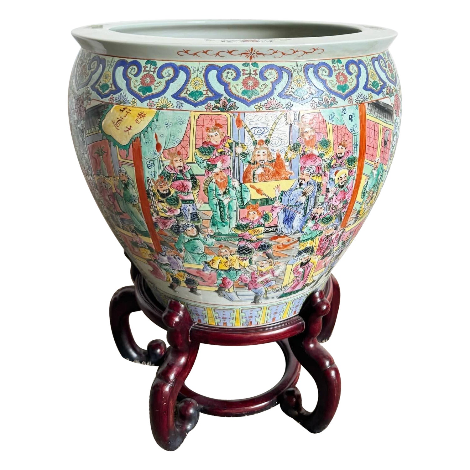 Chinese Hand Painted Floor Vase With Wooden Stand For Sale