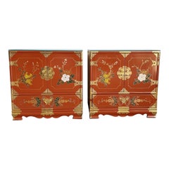 Chinese Red Lacquered and Hand Painted Glass Top Nightstands With Gold Accents