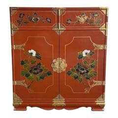 Used Chinese Red Lacquered Hand Painted Cabinet With Gold Accents