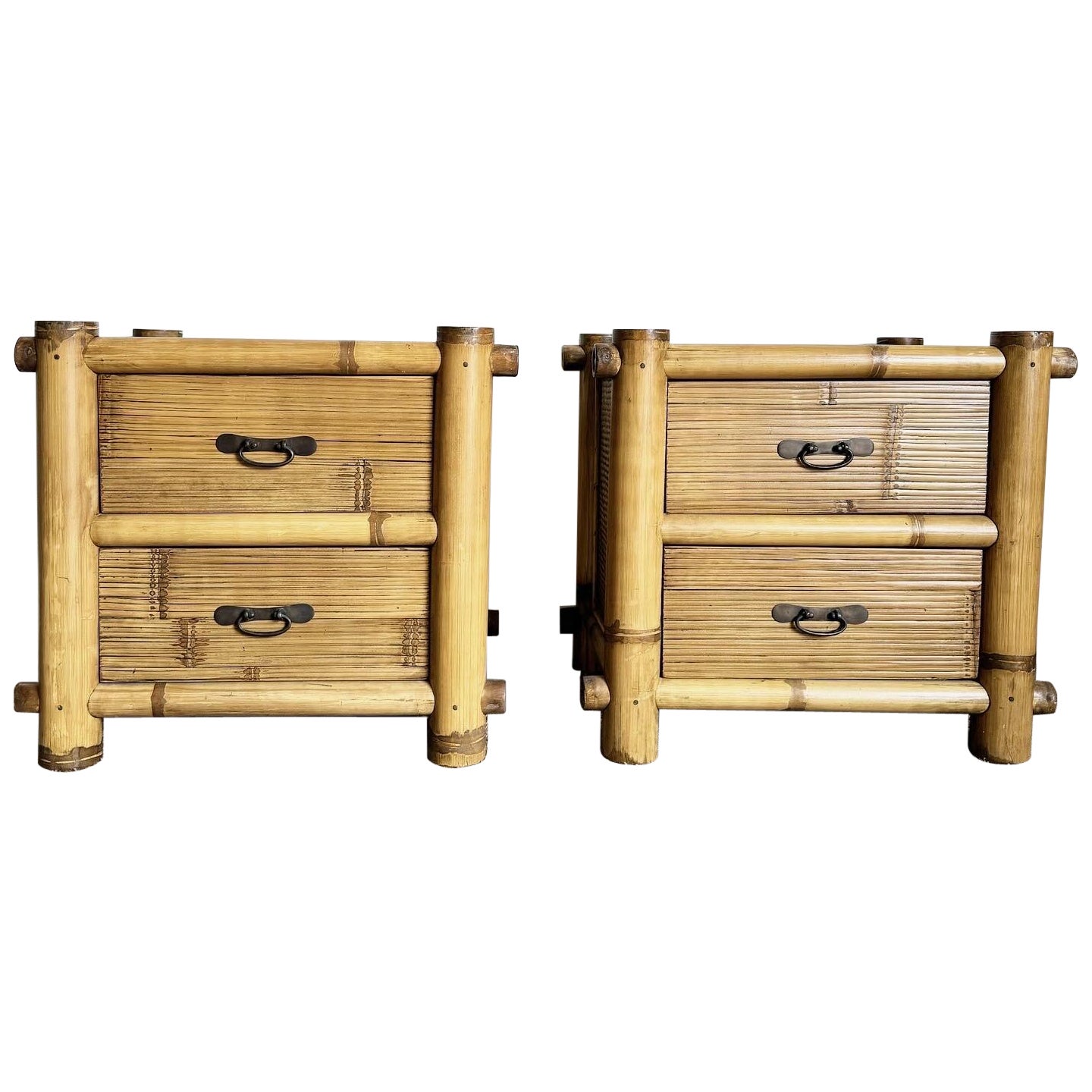Boho Chic Bamboo Woven Nightstands - a Pair