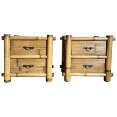 Vintage Boho Chic Bamboo Woven Nightstands - a Pair