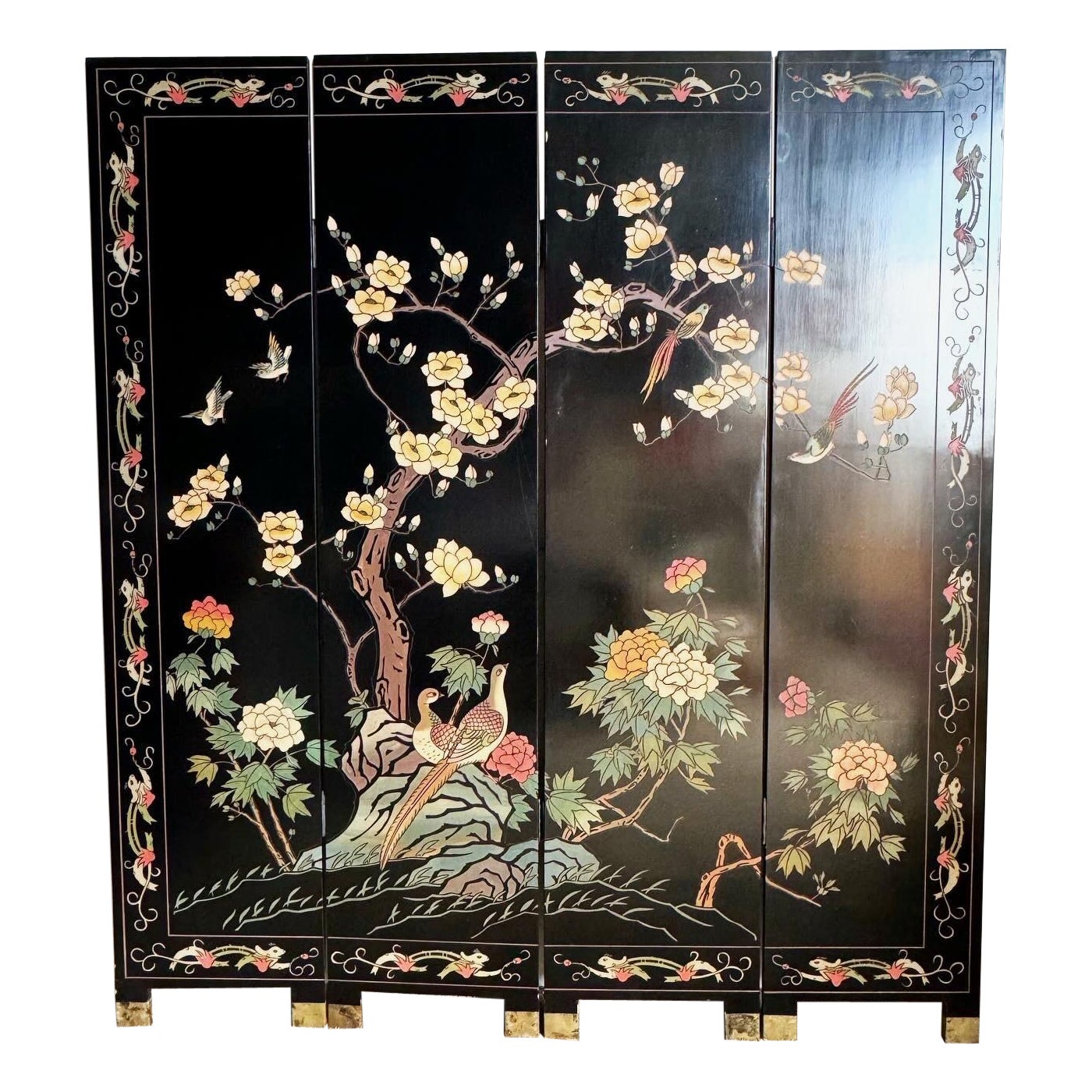 Chinese Black Carved and Hand Painted Room Divider - 4 Panels
