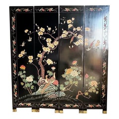 Vintage Chinese Black Carved and Hand Painted Room Divider - 4 Panels