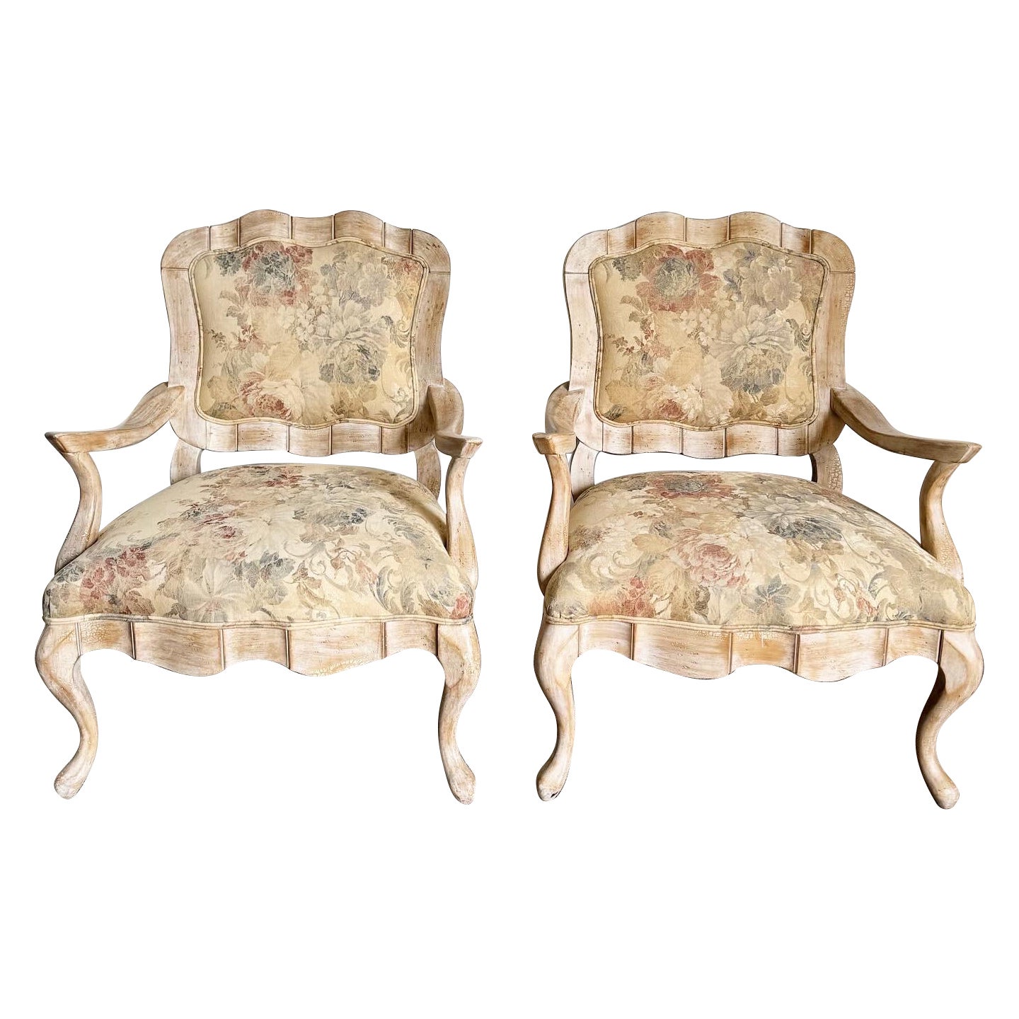 French Provincial White Washed Floral Print Lounge Chairs by Century Furniture For Sale