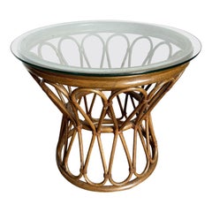 Vintage Boho Chic Bamboo Rattan Circular Beveled Glass Top Side Table