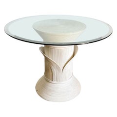 Retro Boho Chic Sculpted Pencil Reed Circular Beveled Glass Top Dining Table