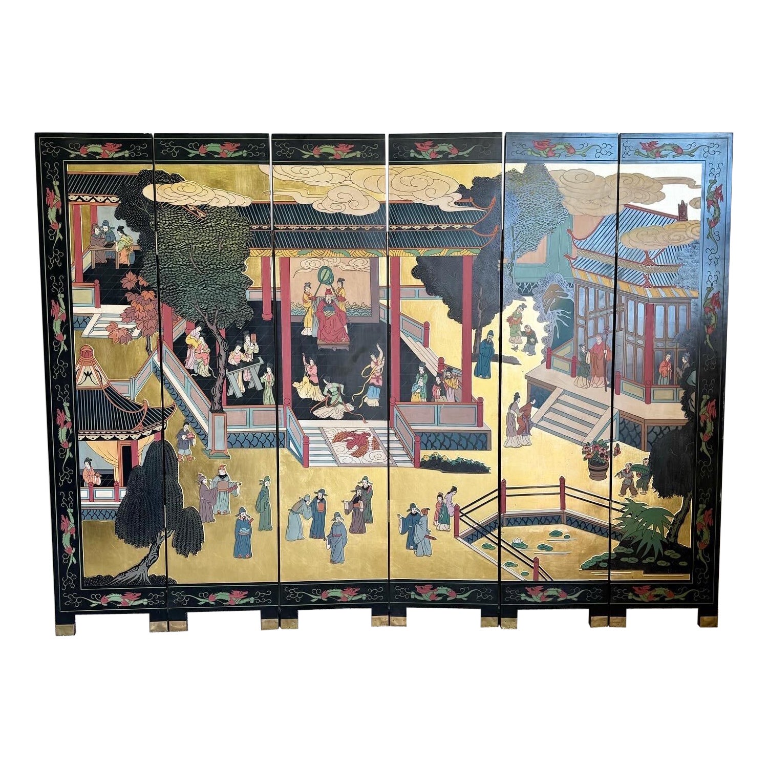 Chinesischer handgeschnitzter und bemalter Vintage-Raumteiler/Schirm aus Gold und Schwarz, handgeschnitzt