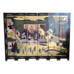 Vintage chinois, sculpté et peint à la main en or et noir, séparateur de pièce/paravent
