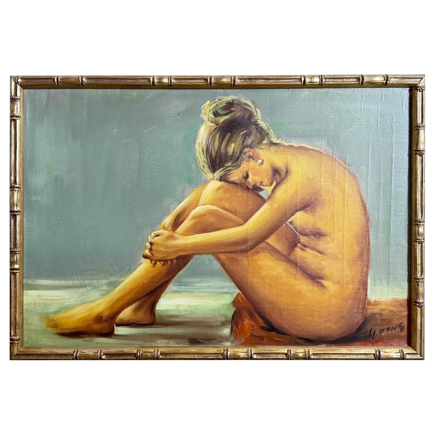 Peinture à l'huile vintage d'une femme nue chantée et encadrée