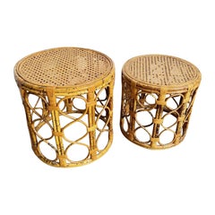 Retro Boho Chic Tortoise Shell Finish Bamboo Cane Top Nesting Drum Tables - a Pair