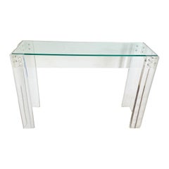 Vintage Postmodern Bolted Lucite and Inlaid Glass Top Console Table
