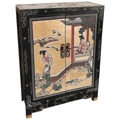 Chinese Hand Painted and Carved Shoe Cabinet
