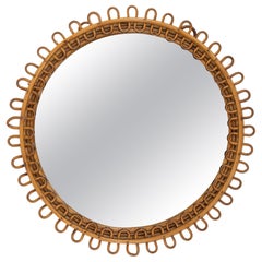 Midcentury Rattan and Bamboo Round Wall Mirror Franco Albini Style, Italy, 1960s