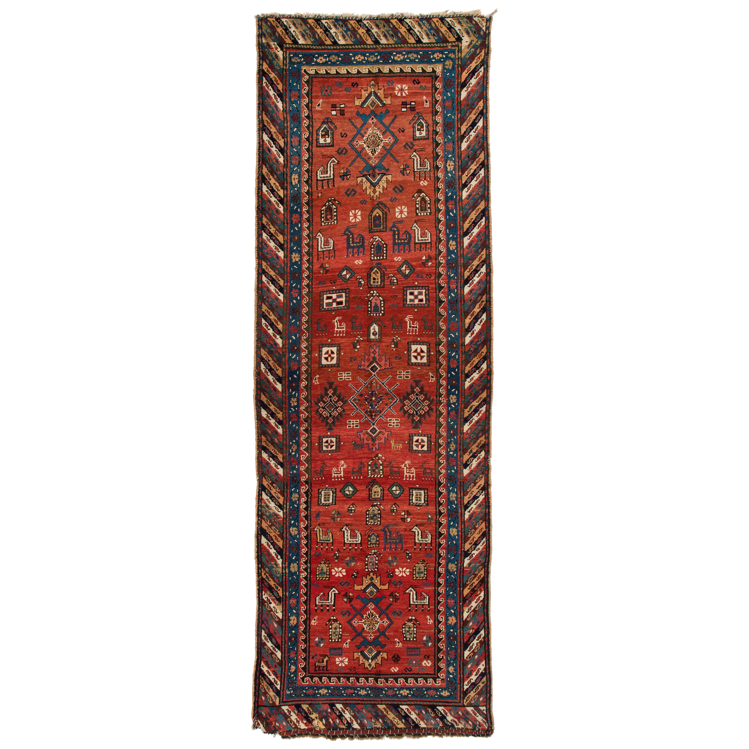 3.7x11 ft Antique Caucasian Shahsavan Runner Rug with Zoomorphic Animals Pattern For Sale