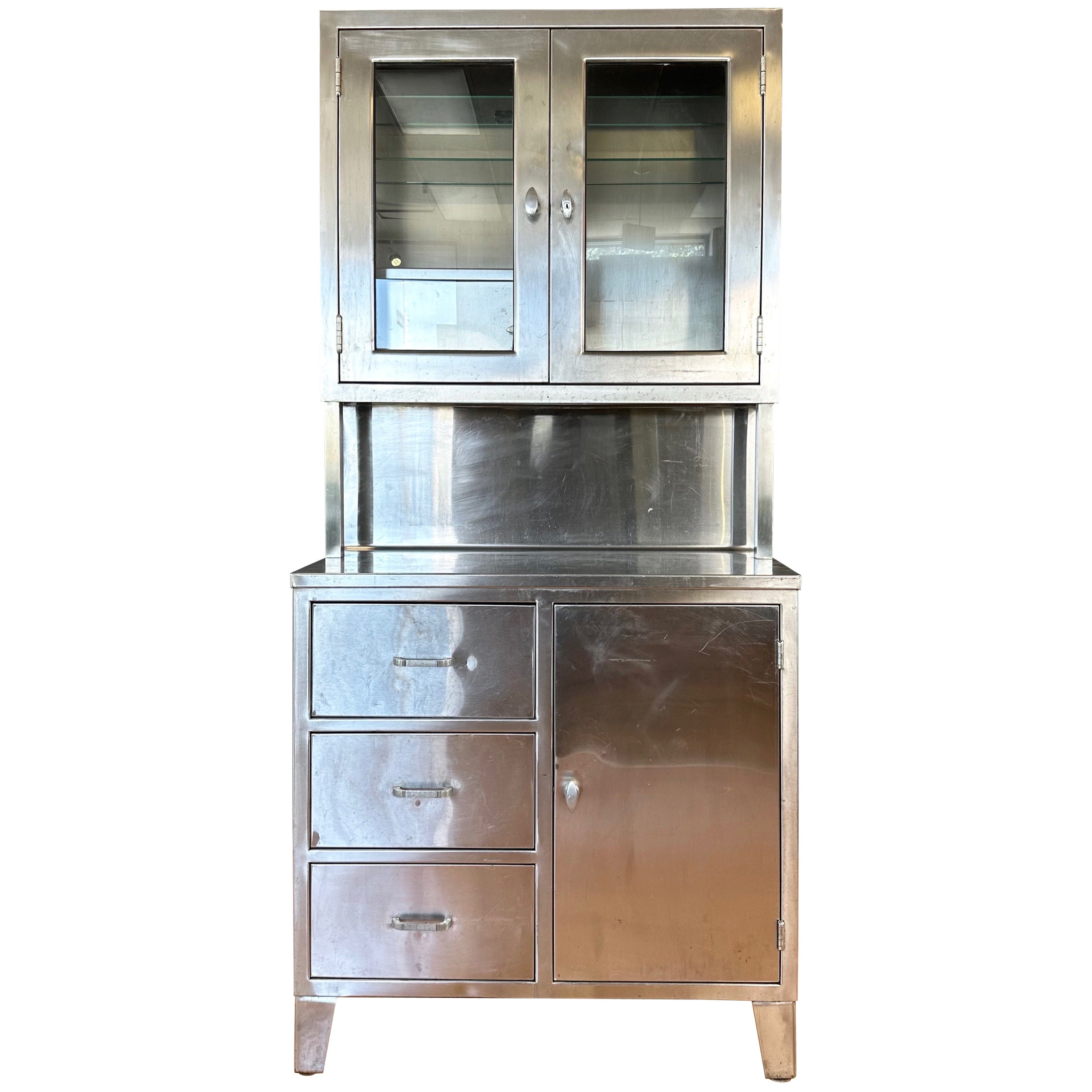 Stainless Steel Hutch with Glass Door Display Cabinet and Drawers, 1950s