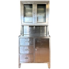 Stainless Steel Hutch with Glass Door Display Cabinet and Drawers, 1950s
