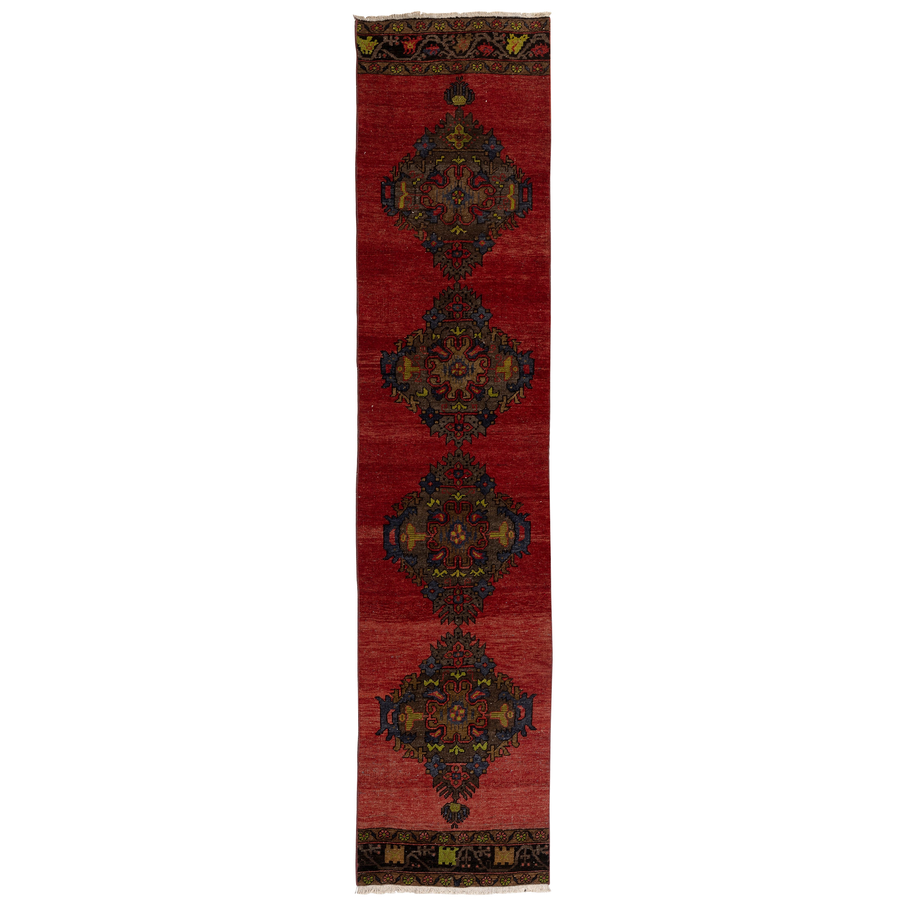 2.5x11.3 ft Vintage Handmade Turkish Tribal Style Wool Runner Rug for Hallway For Sale
