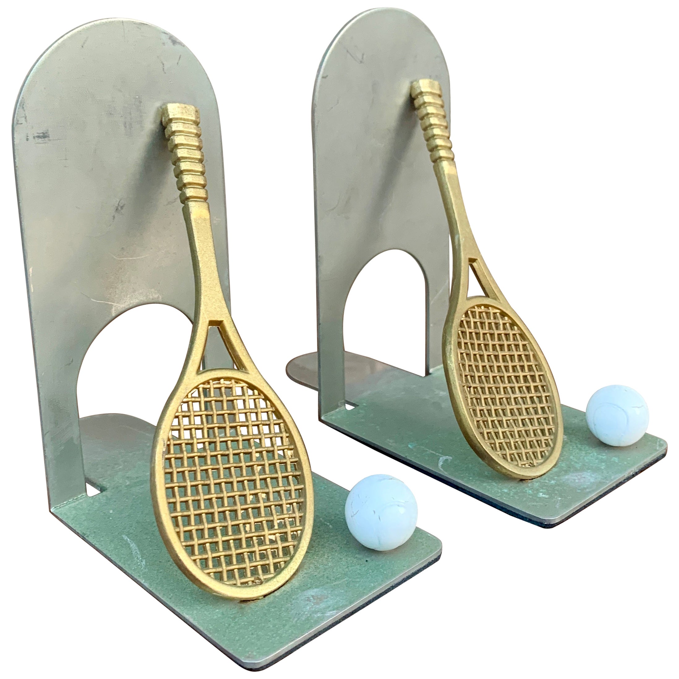 Vintage Cast Brass Double Tennis Racket Bookends, Pair For Sale