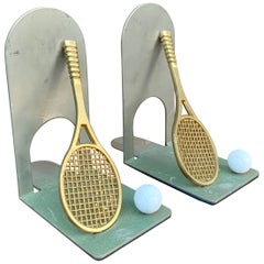 Used Cast Brass Double Tennis Racket Bookends, Pair