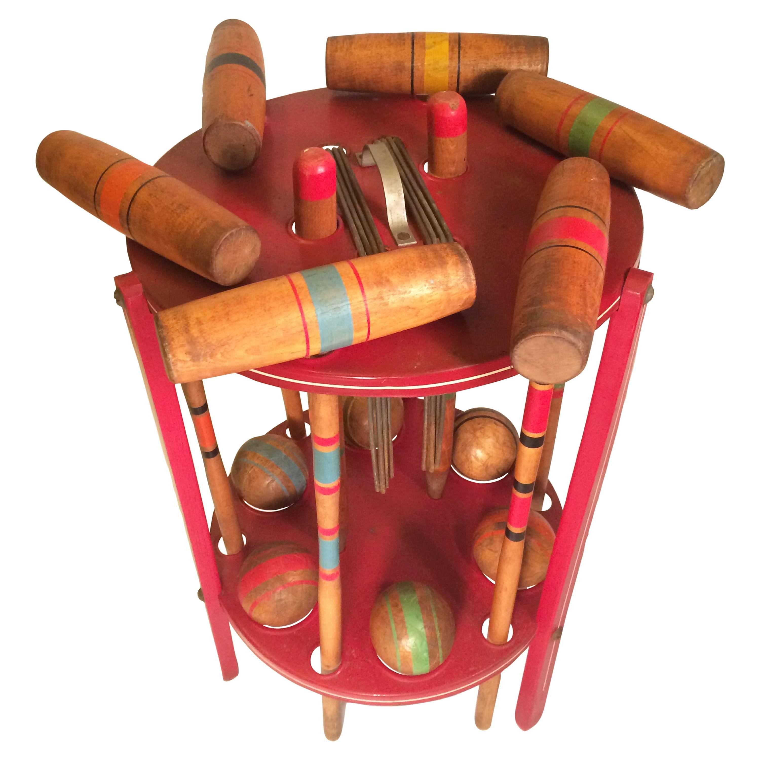 Six Player Croquet Set on Stand, USA, 1950s For Sale