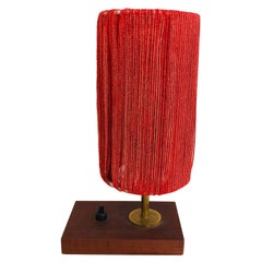 Vintage Small Wood, Brass and Wool Table Lamp