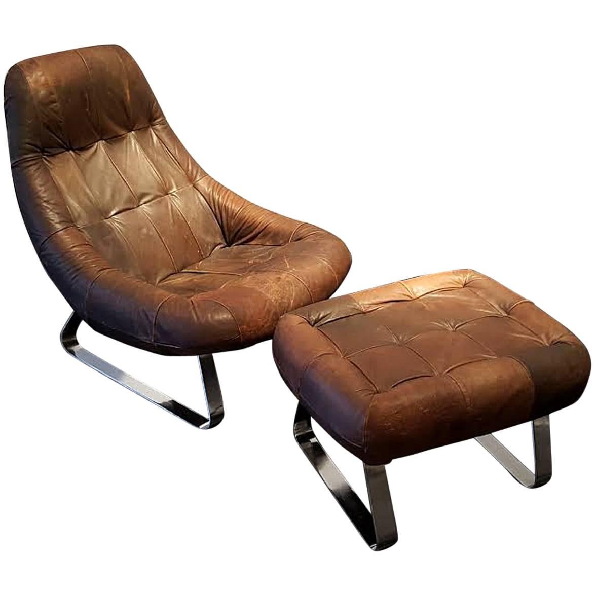 Percival Lafer Leather and Chrome Earth Lounge Chair with Ottoman