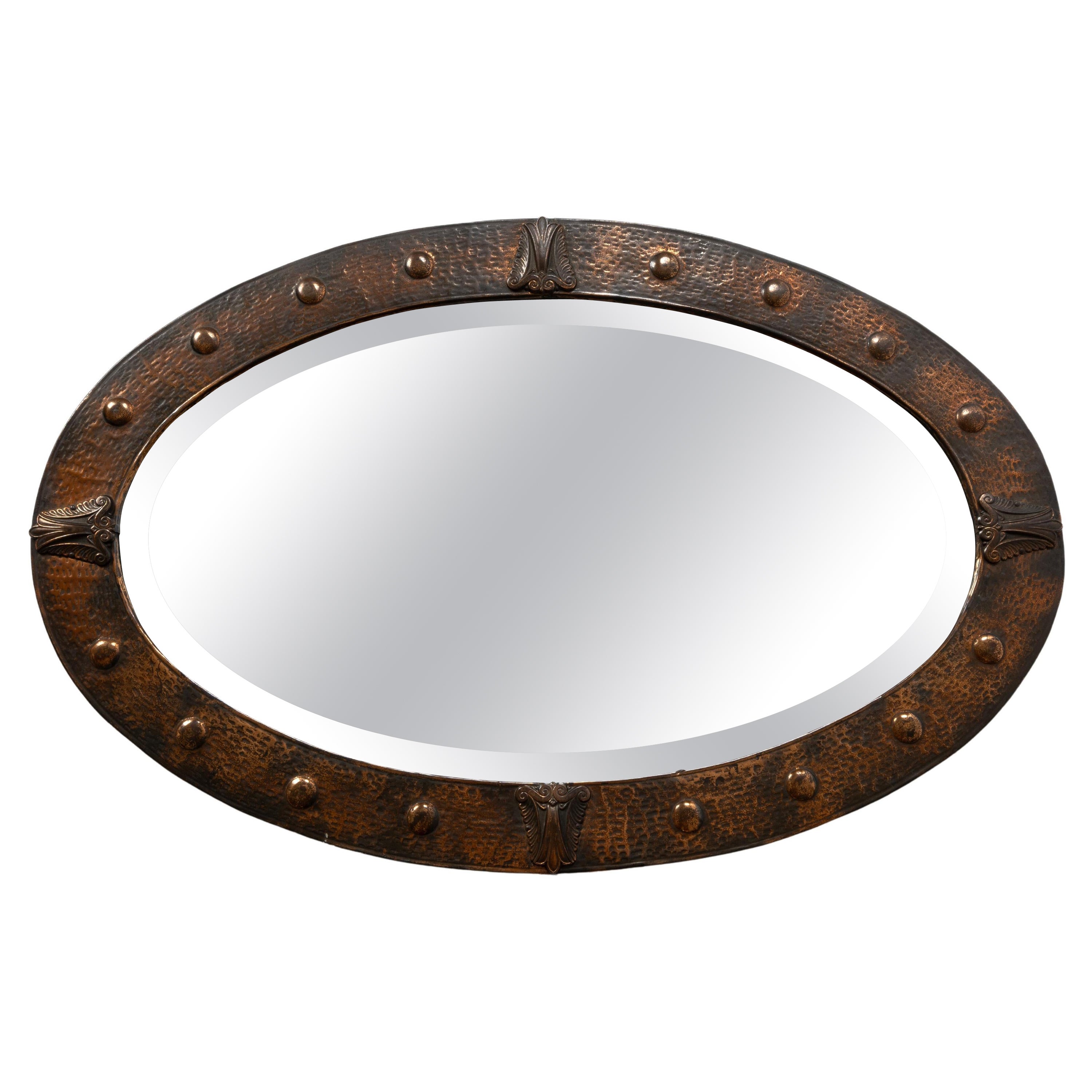 English Arts & Crafts hammered Copper Oval Mirror, Liberty Of London