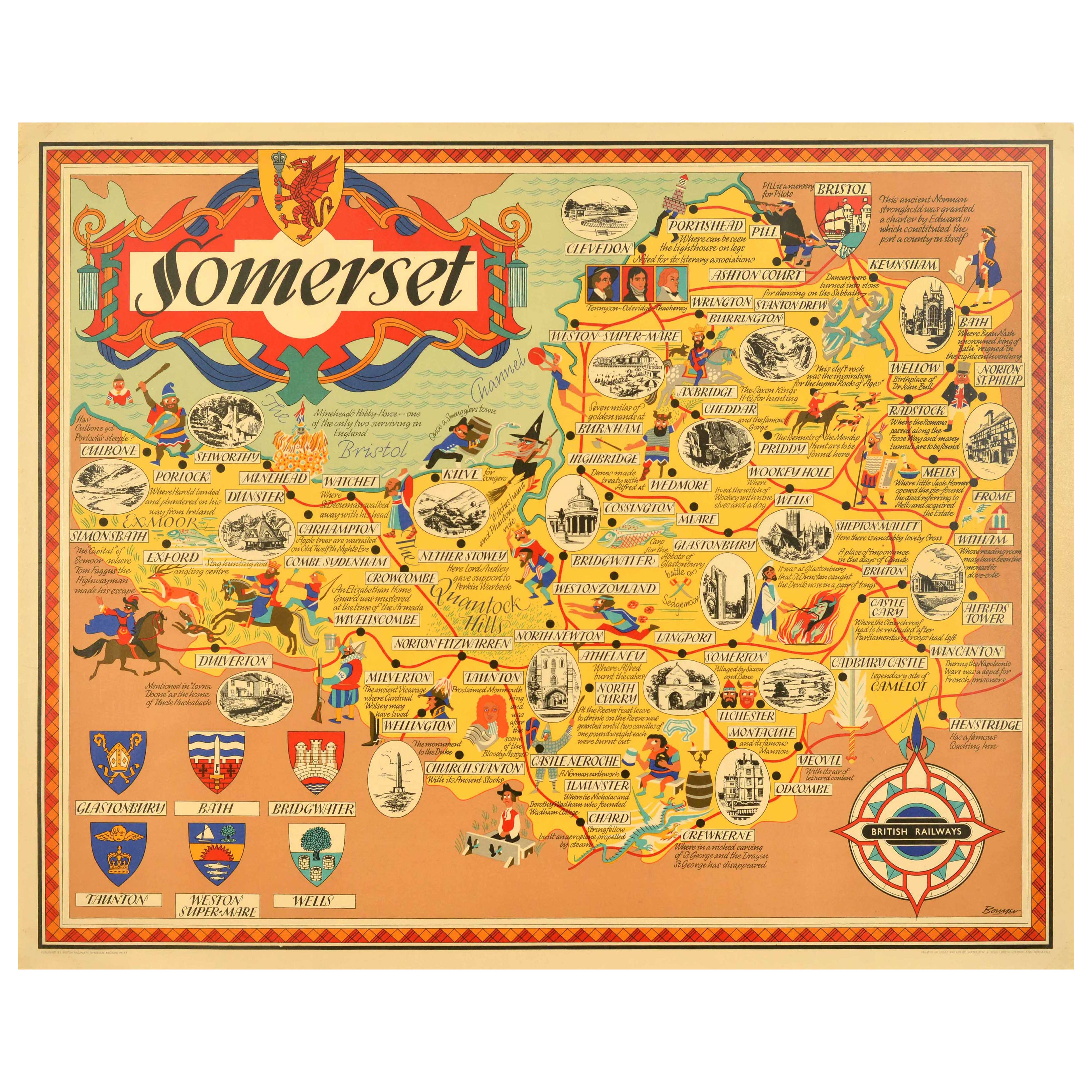 Original Vintage British Railways Train Travel Poster Somerset Pictorial Map UK For Sale