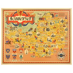 Original Retro British Railways Train Travel Poster Somerset Pictorial Map UK
