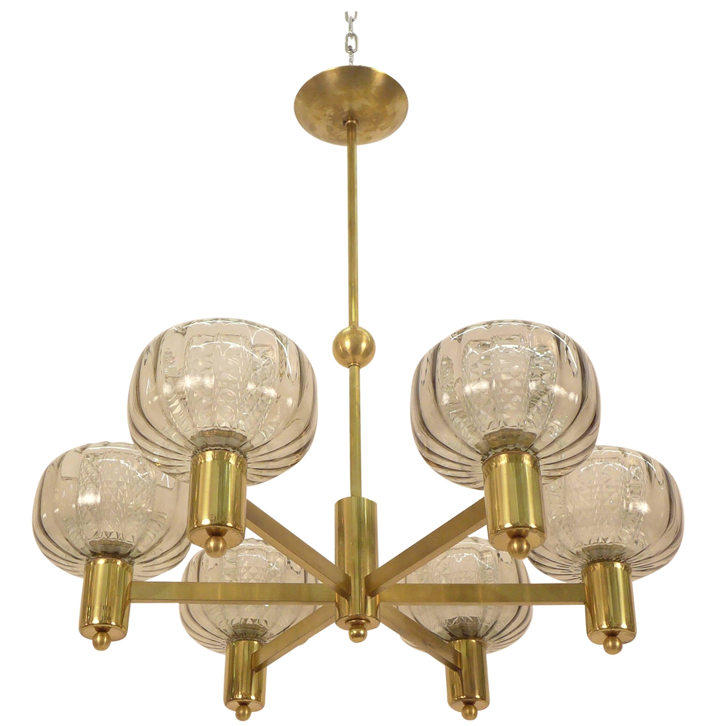 Brass and Smoke Glass German Chandelier 1970's For Sale