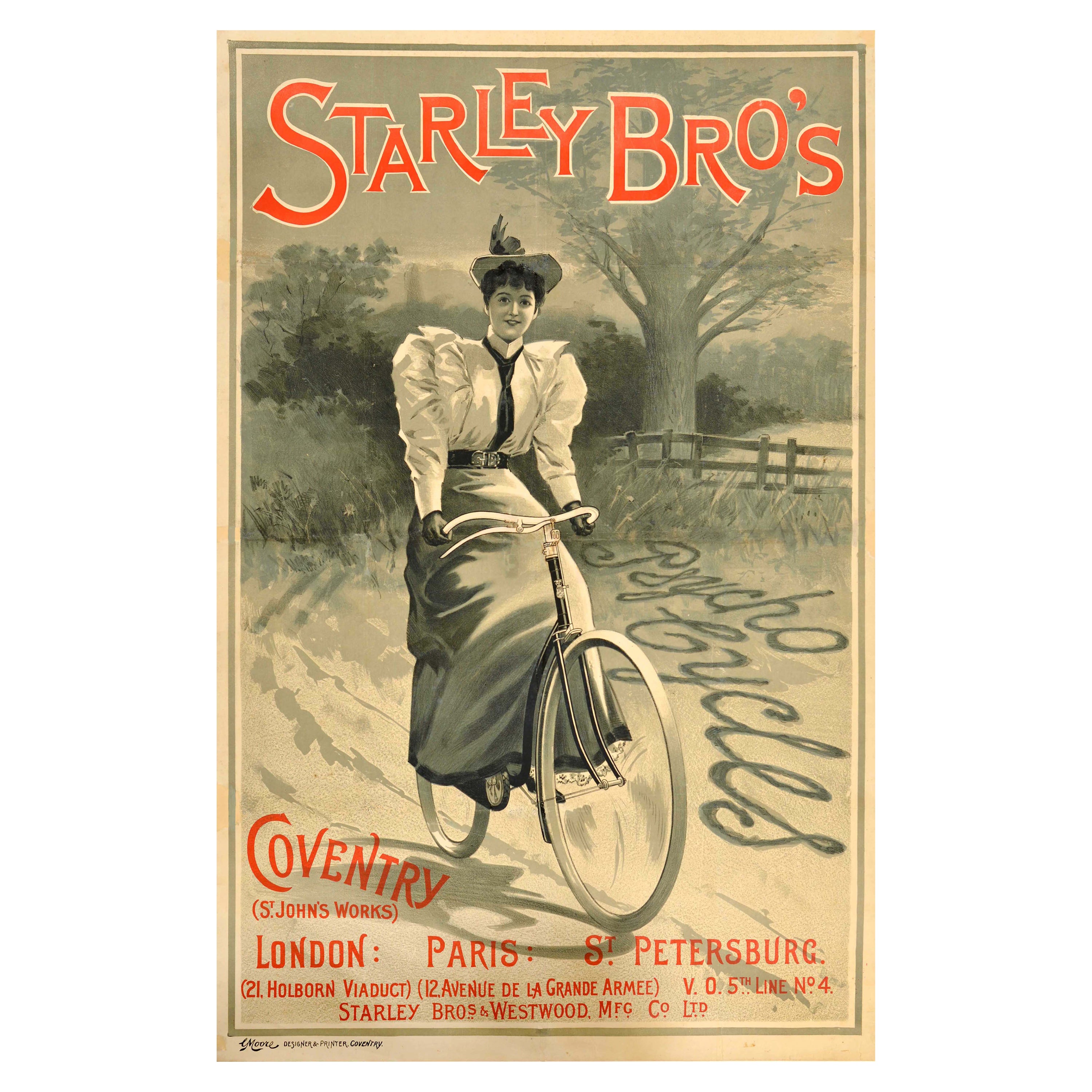 Original Antique Advertising Poster Starley Bros Psycho Cycles Coventry Bicycle For Sale