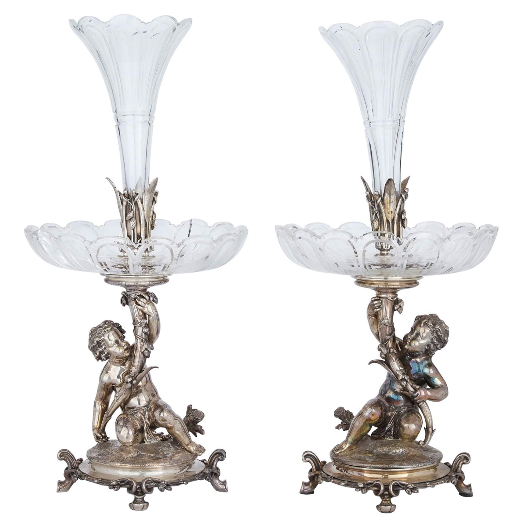 Pair of Christofle Silvered Bronze and Cut-Glass Epergnes