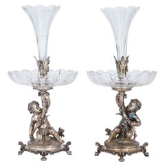 Used Pair of Christofle Silvered Bronze and Cut-Glass Epergnes