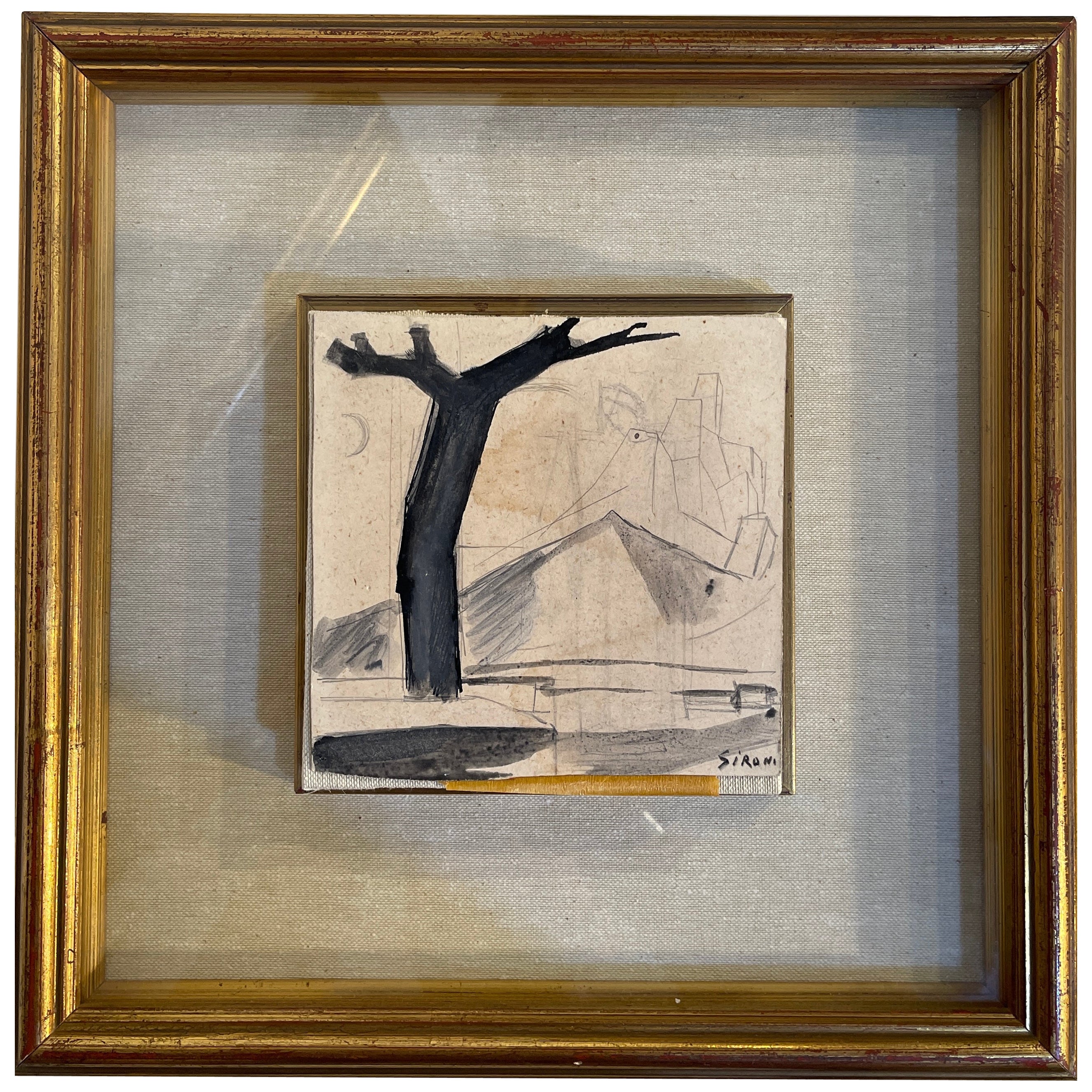 Drawing on cardboard, landscape with tree, Sironi