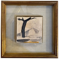 Vintage Drawing on cardboard, landscape with tree, Sironi