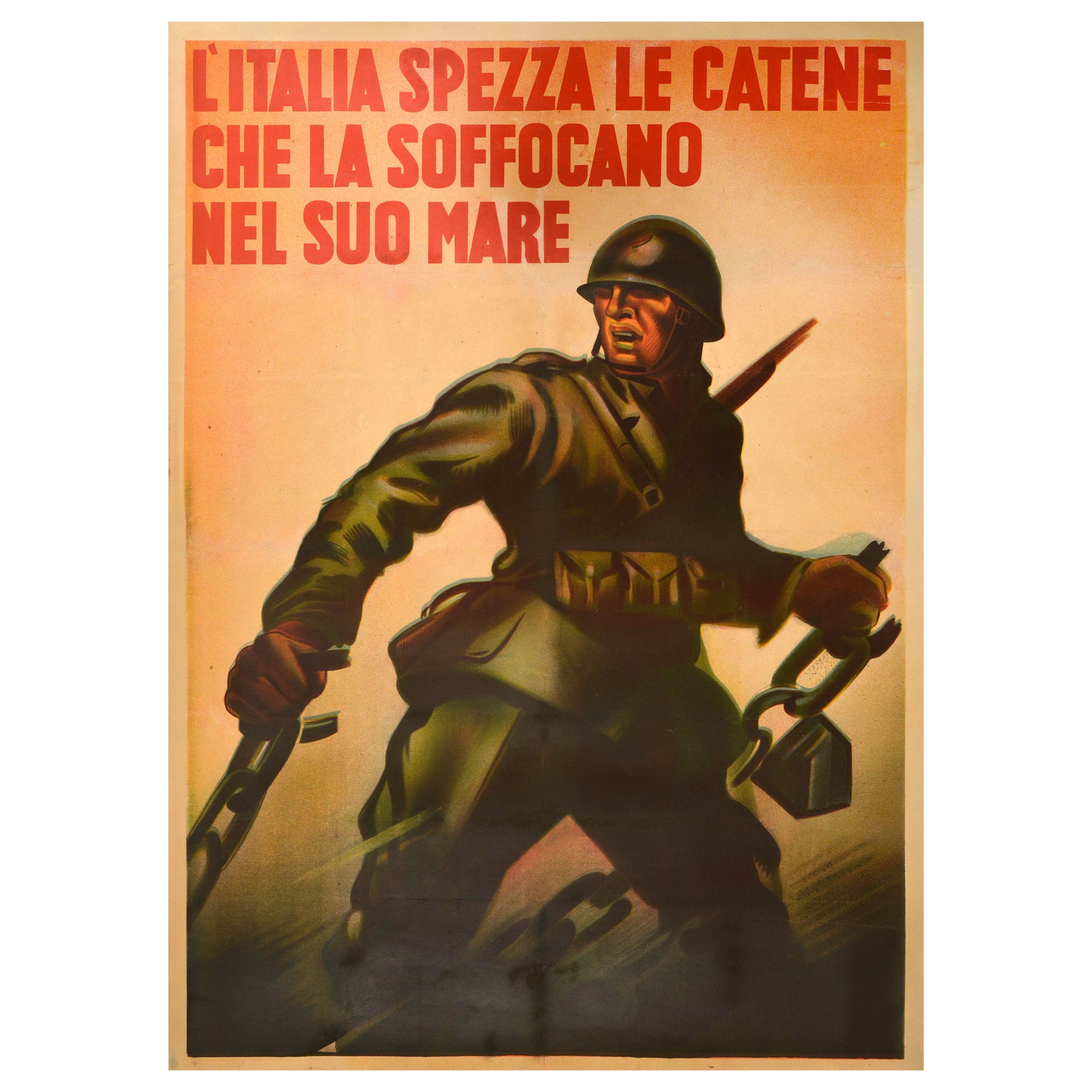 Original Vintage War Poster Italy Breaks Chains That Suffocate Her WWII Soldier For Sale