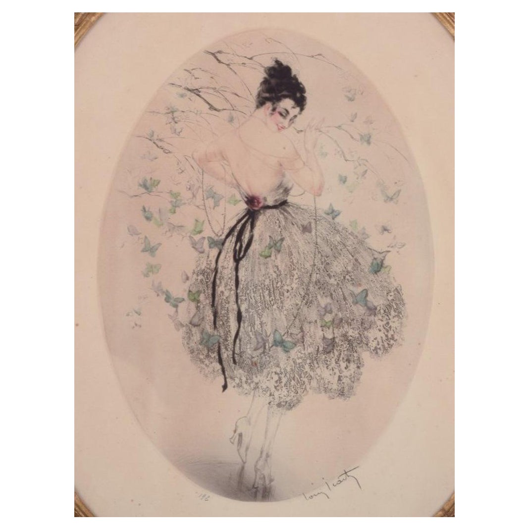 Louis Icart. Color lithograph on Japanese paper.  Woman with  butterflies For Sale