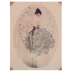 Louis Icart. Lithographie en couleur sur papier japonais.  Femme avec  papillons