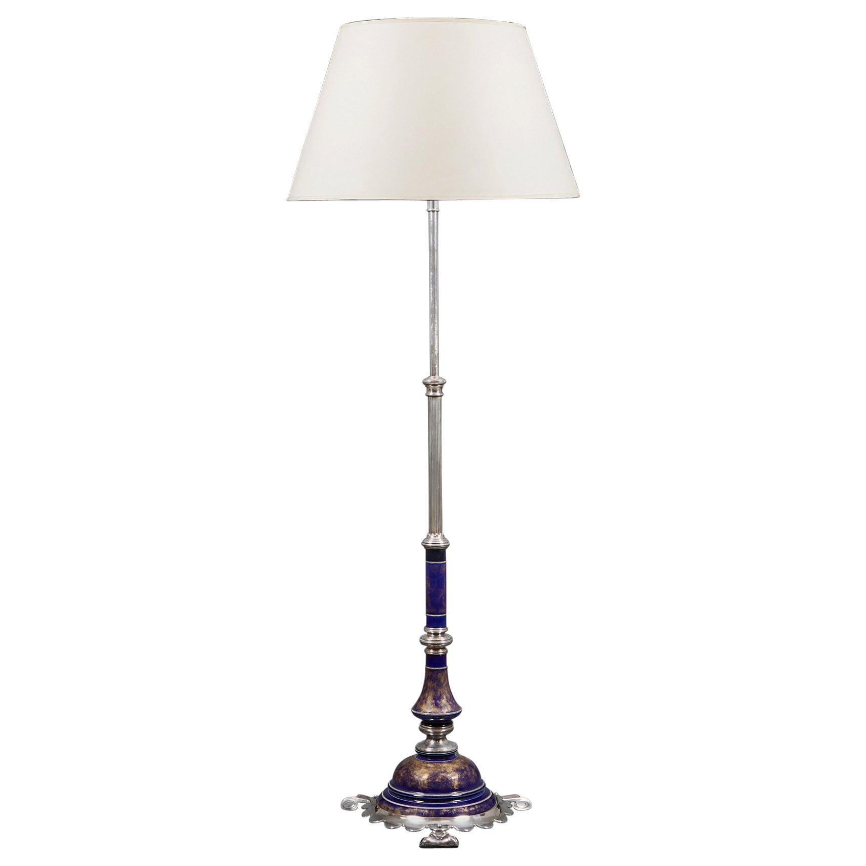 A Silver Plate And Blue Enamel Floor Lamp For Sale