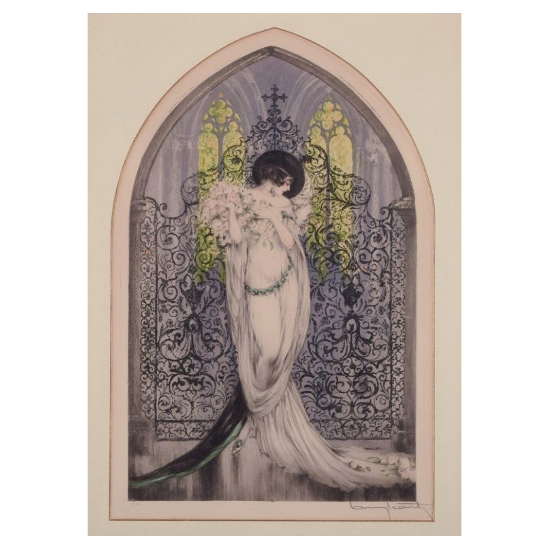 Louis Icart. Color lithograph on Japanese paper. Elegant woman in a church. For Sale