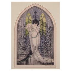 Antique Louis Icart. Color lithograph on Japanese paper. Elegant woman in a church.
