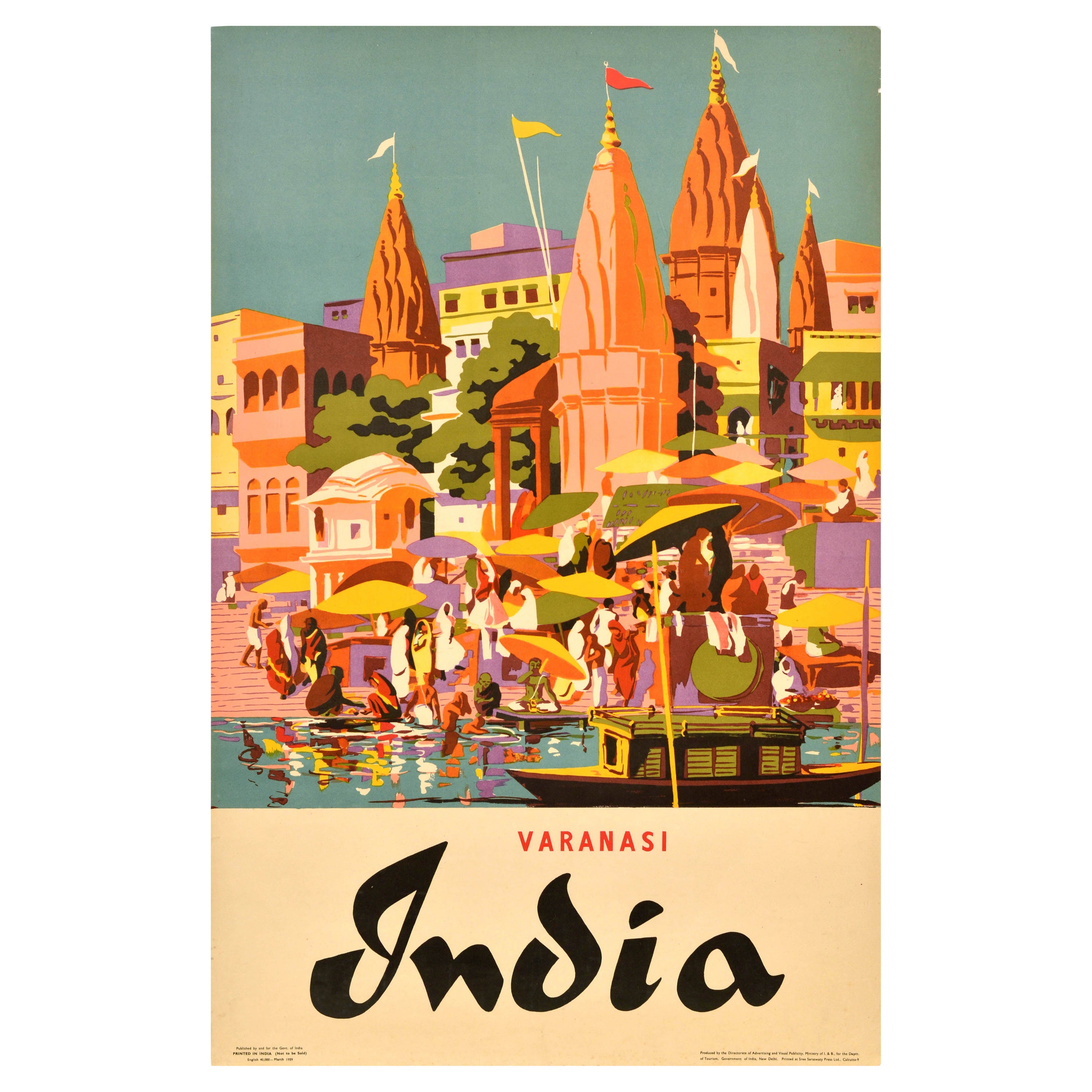 Original Vintage Asia Travel Poster India Varanasi Ganges Banaras Uttar Pradesh For Sale